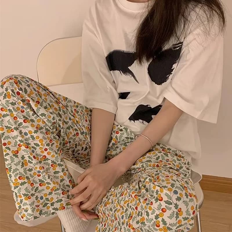 Walking Pants Floral Sleeping Pants Women's Loose Spring Autumn Korean Version Home Casual Air-Conditioned Pants Pajama Pants