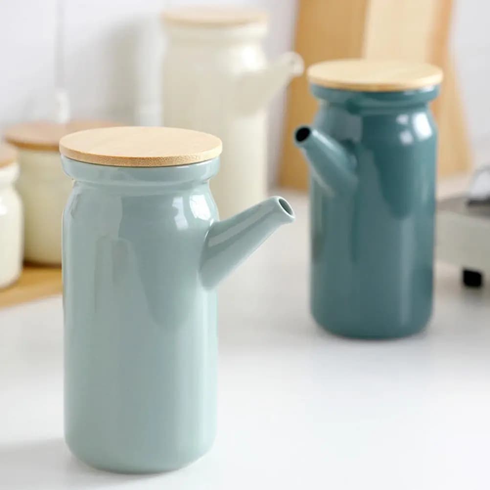 1Set Ceramic Seasoning Storage Jars Set Wooden Lid Base Oil Pot Kitchen Condiment Containers Spice Pepper Jars Moisture Proof