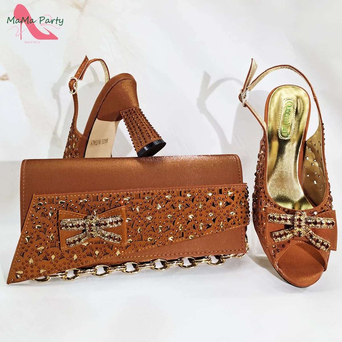 Scarpe e borsa da donna italiane dal design classico di nuova moda matura da abbinare al colore arancione con tacchi comodi per la festa