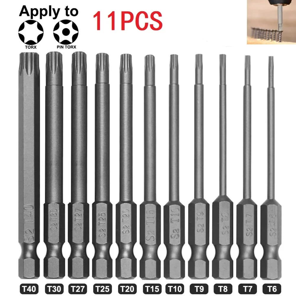 Set di 11 Punte per Cacciavite Torx Extra Lunghe 75mm/3 Pollici, Magnetiche con Testa Esagonale di Sicurezza T7 T8 T9 T10 T15 T20 T25 T27 T30 T40