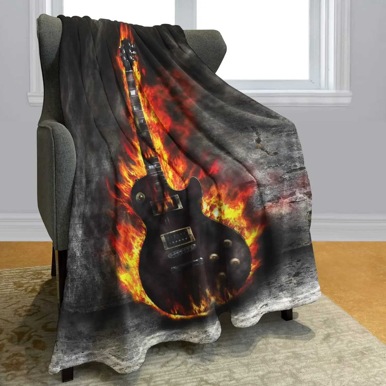 Coperta per chitarra, fiamma, fumo, comfort, accogliente, morbida e calda, coperta leggera in flanella di peluche per regali di divani letto di casa