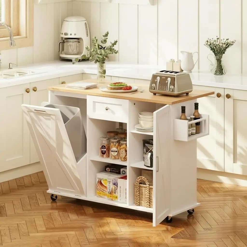 Isola da Cucina Mobile da 52 Pollici con Piano Ribaltabile, Contenitore per Rifiuti, Porta Spezie e Portasciugamani, Carrello Mobile per Piccole Cucine
