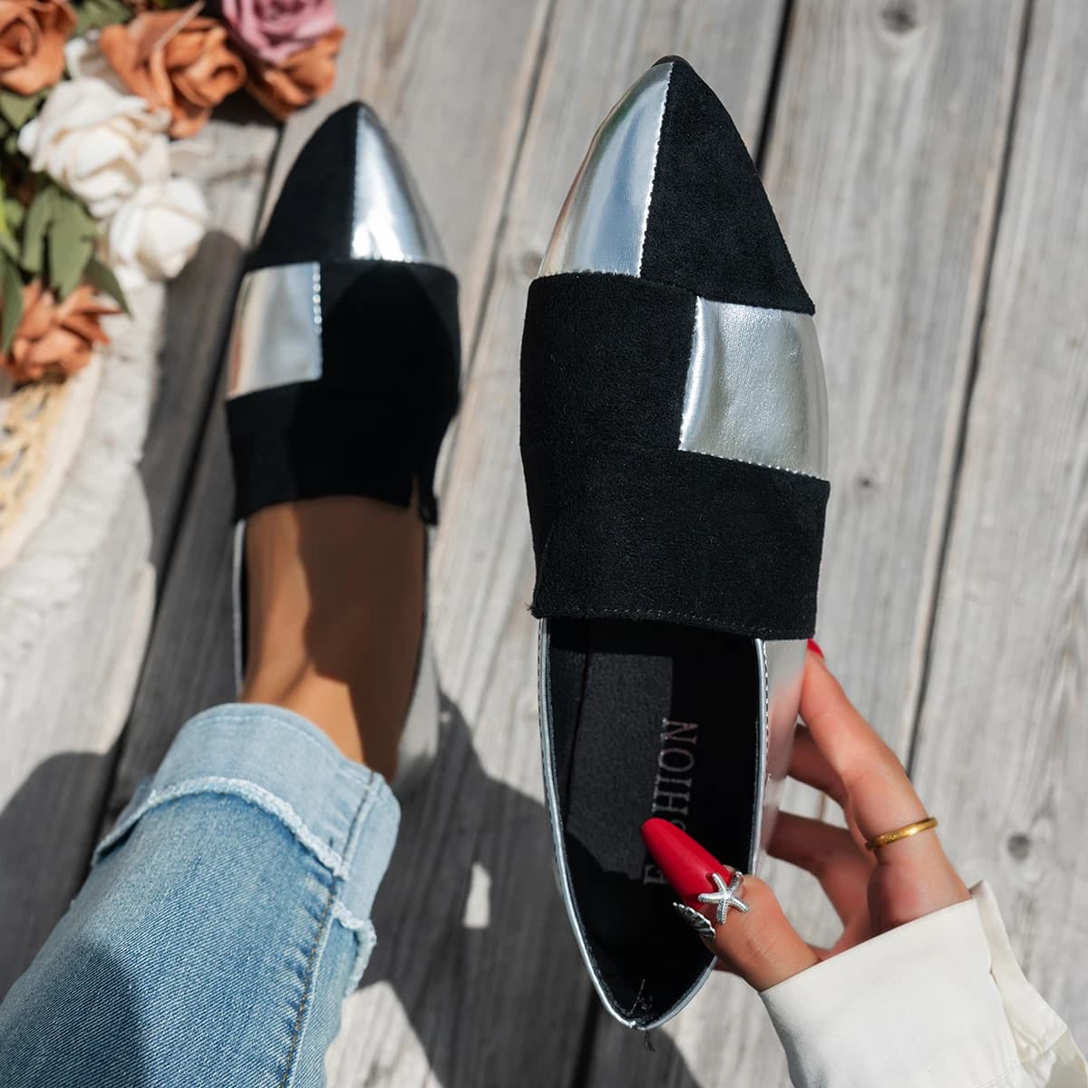 Women's Color Block Toe Moccasins: casual shoes lazy slip-on, stylish work shoes for commuting