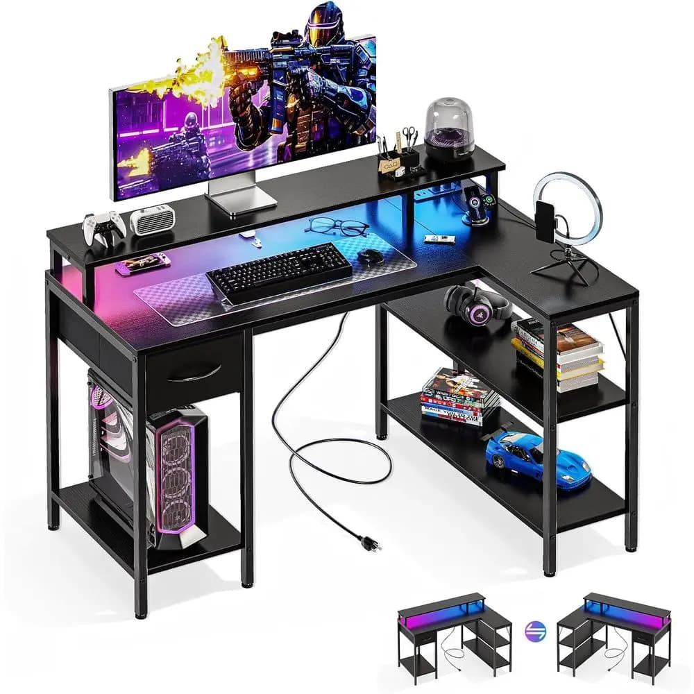 Scrivania da Gaming a L con Porte USB, Luci LED e Supporto Monitor per Spazi Ristretti, Nera