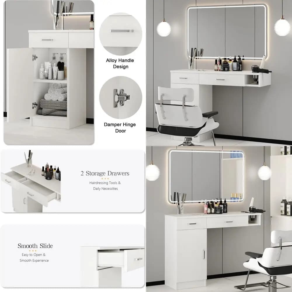 Wall-Mounted Stylist Station with Hair Dryer Holder and Barber Cabinet, White