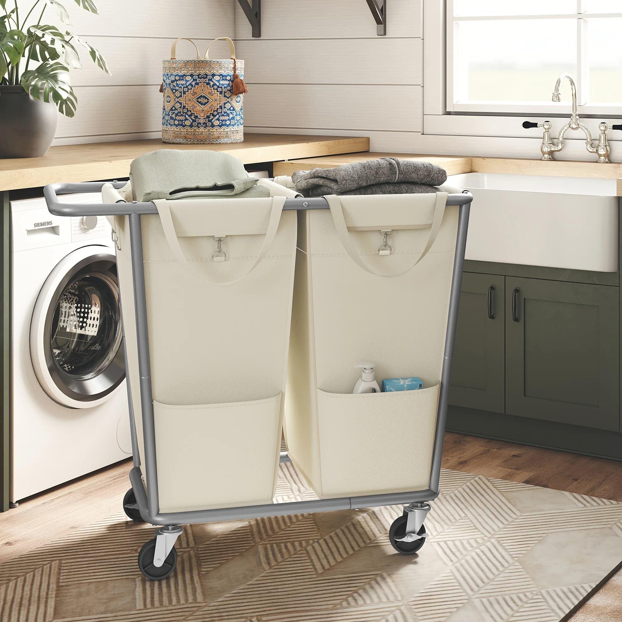 Laundry Basket with Wheels, 2-Section Laundry Sorter, 50.2 Gallons Rolling Hamper with Removable Bags, Heavy-Duty Steel Frame