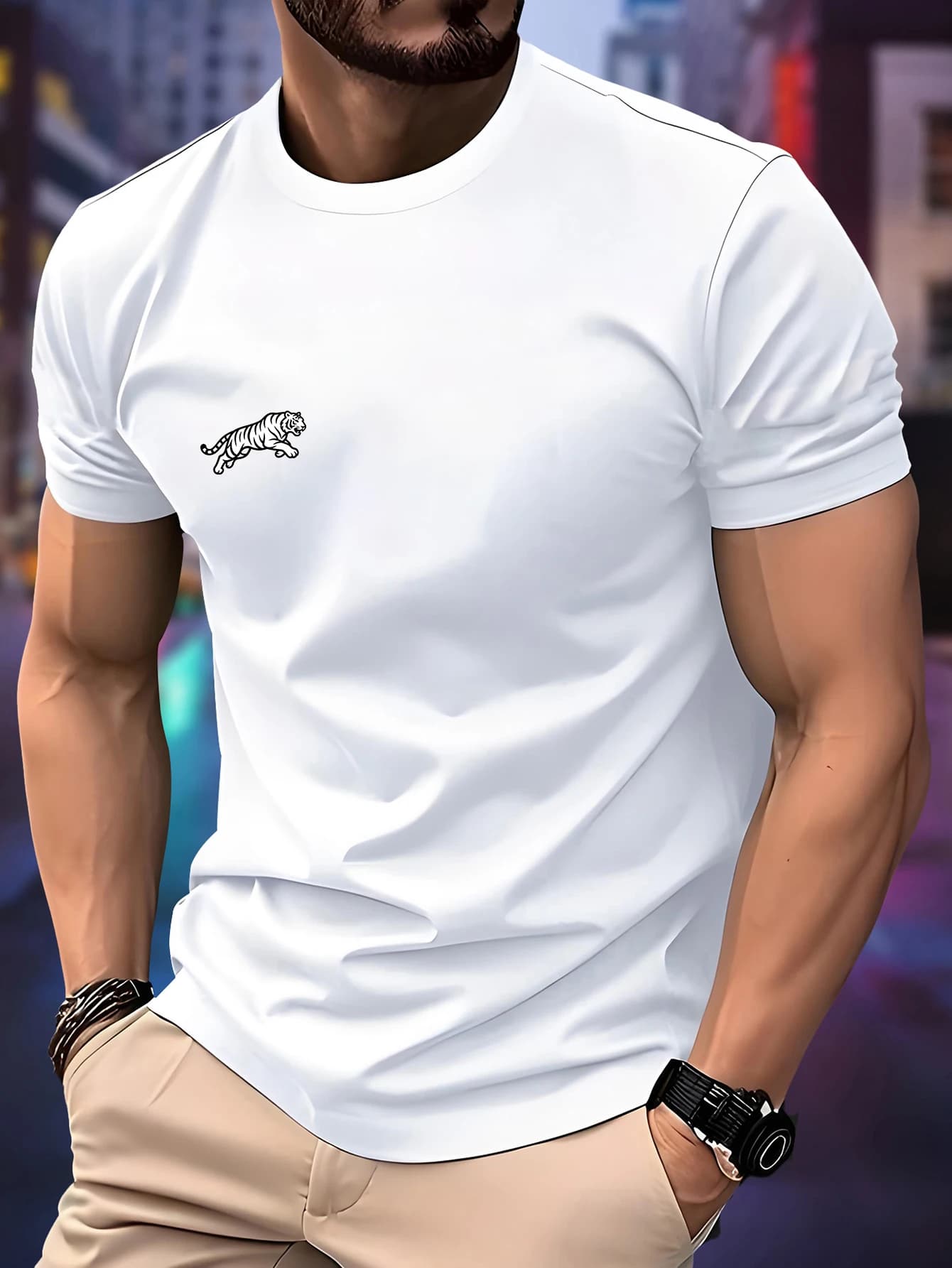 2026 Nuova T-shirt da Corsa da Uomo Primavera/Estate, Top Leggero Bianco con Stampa Tigre, Asciugatura Rapida, Manica Corta Traspirante per Fitness e Sport