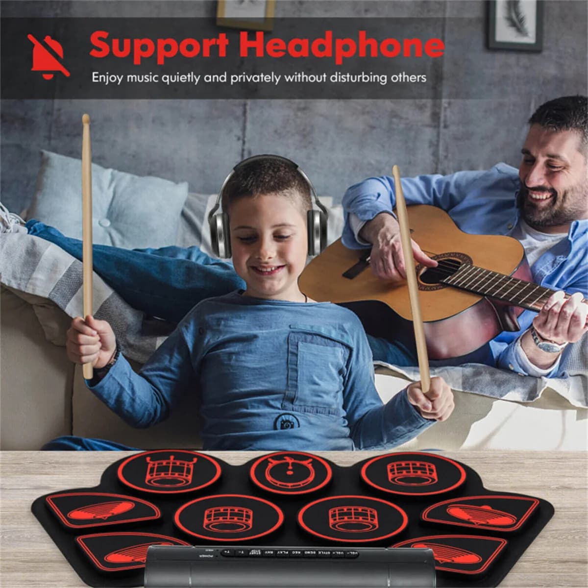 Set di Batteria Elettronica a 9 Pad per Principianti, Connessione MIDI USB, Doppi Altoparlanti Stereo, Nero+Rosso