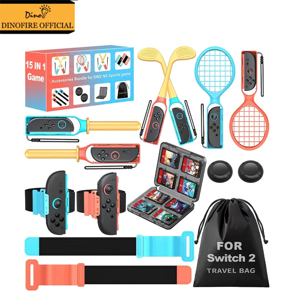 Dinofire 15 in 1 Switch 2 Sports Package - Travel Case with Wrist Strap for Golf club tennis for Switch 2 Sports Accessories