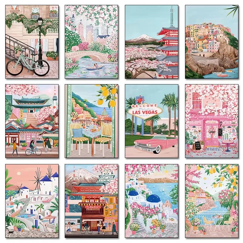 Pastel Travel City Diamond Painting, Minimalist Landmarks and Cherry Blossoms Handmade Exquisite Creative Gift Home Decoration