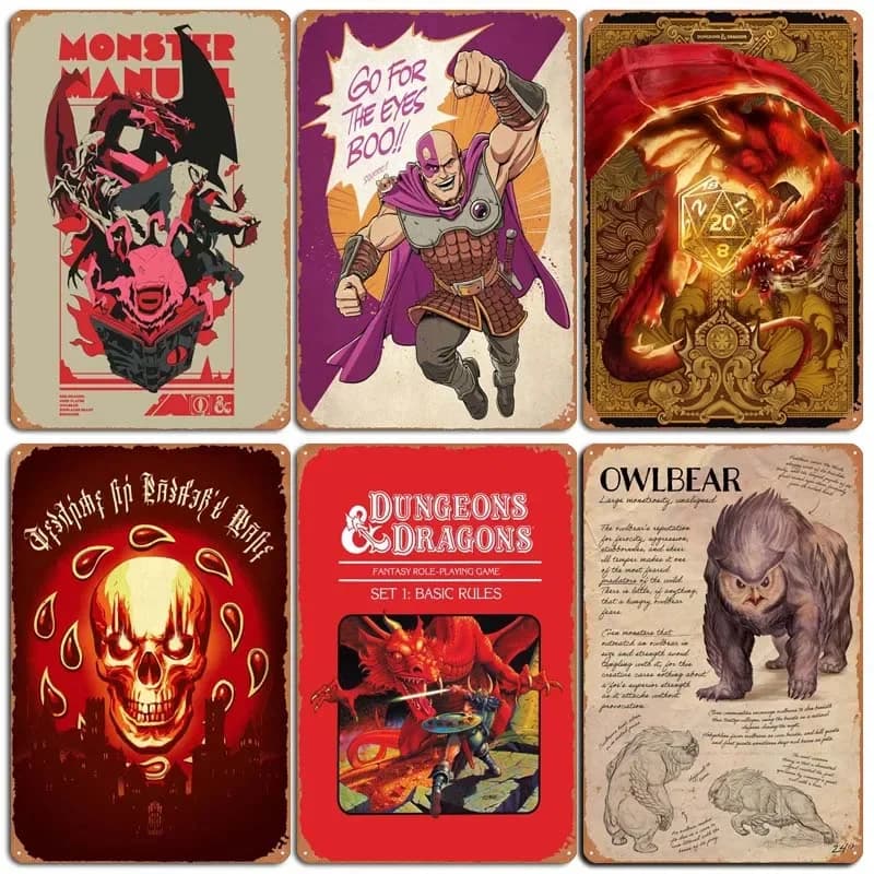 Targa in Metallo HD Vintage Dungeons & Dragons - Poster Retrò DND con Dadi e Mostri Owlbear per Decorazione Sala Giochi o Man Cave