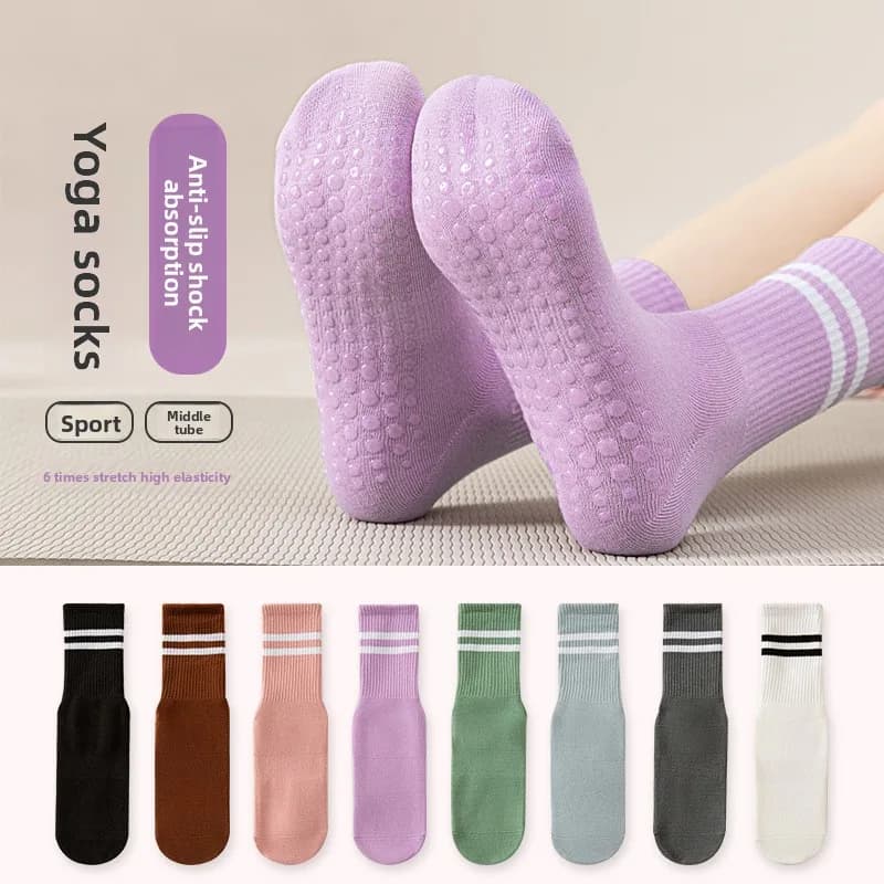 That girl Women Mid Calf Double Stripe High Ankle Socks, Silicone Dot Non Slip Yoga Pilates Indoor Workout Socks