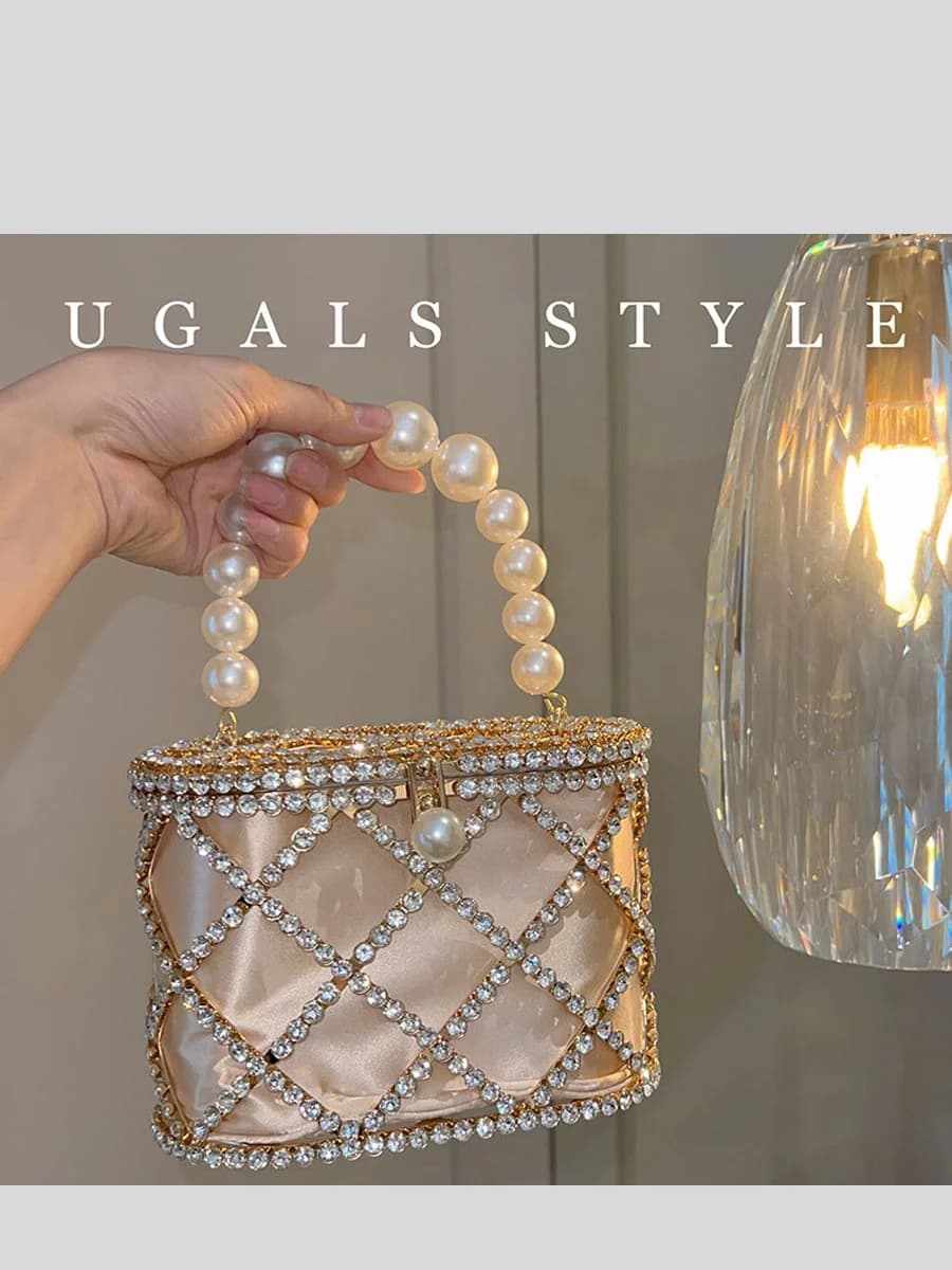 UGALS Metal Hollow Silk Bucket Handbag Glittering Diamond Wedding Party Semi Formal Crossbody Bag for Young Women