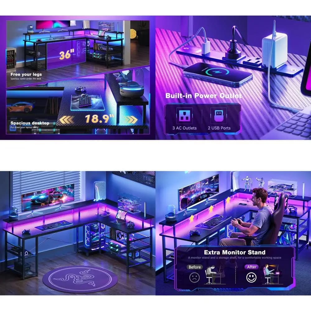 Scrivania da Gaming a L da 66 Pollici con Presa di Corrente, Luci LED, Texture in Fibra di Carbonio, Ripiani Portaoggetti e Supporto Monitor, Nera