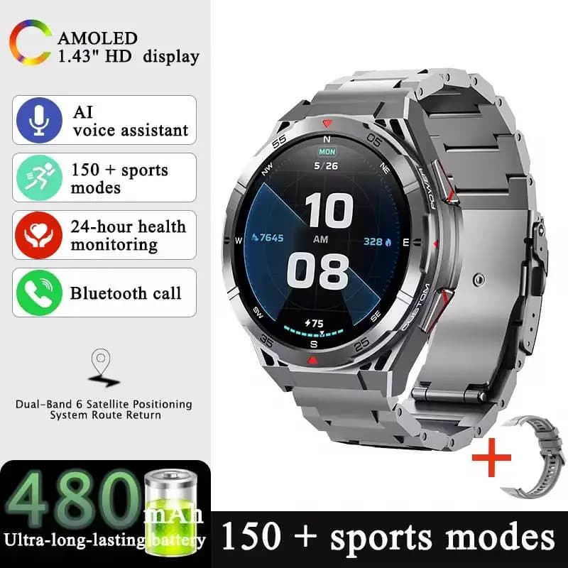 Smartwatch GPS Robusto per Uomo, Schermo Touch AMOLED HD a Doppia Banda, Impermeabile 50 Metri, Resistente a 3 Elementi, per Sport, Spedizione Gratuita