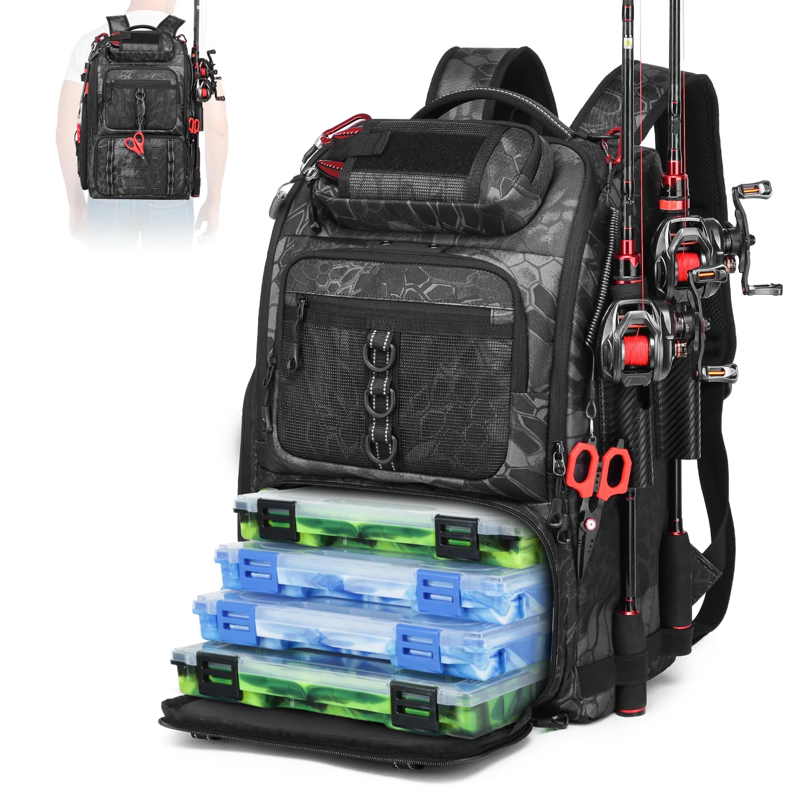 40L Waterproof Fishing Backpack with 4 Bait Box Multifunctional Fish Tackle Rucksack Lure Organizer Storage Bag Outdoor Hiking