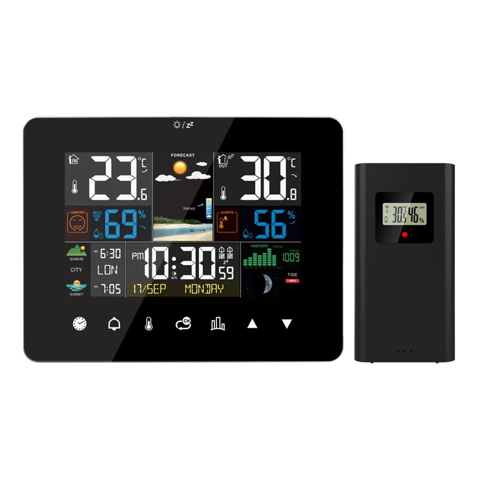 Stazione Meteo Multifunzione con Schermo Touch, Sensore Wireless, Sveglia, Termometro, Igrometro, Igrotermografo, Alba e Tramonto
