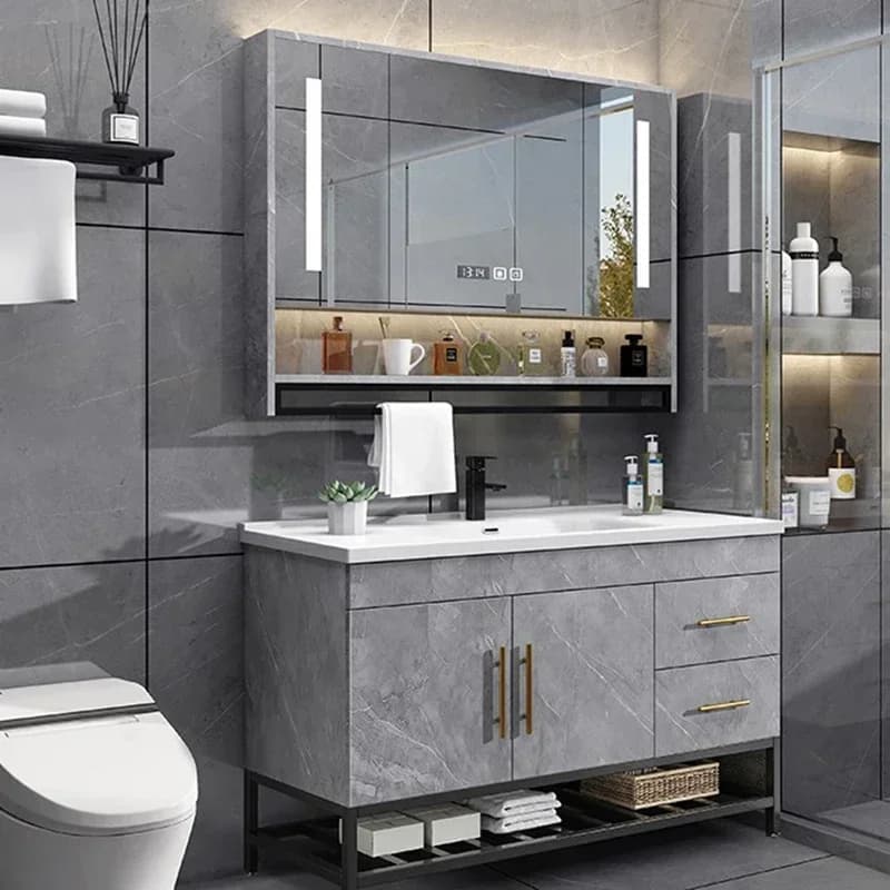 Mobile Bagno Postmoderno con Specchio, Cassetti Contenitori, Accessori, Mobiletto a Parete, Lavabo, Arredo Casa di Lusso di Tendenza