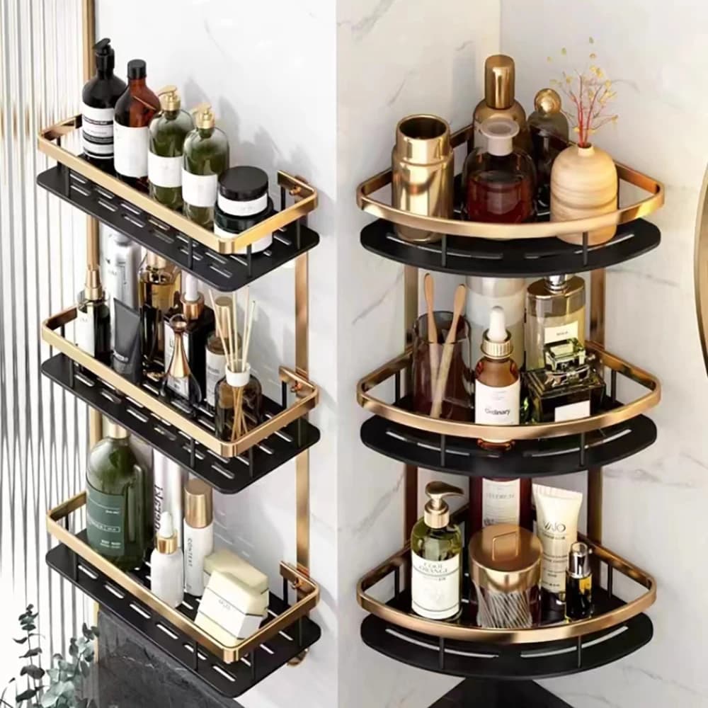 No Drill Wall Mounted Floating Storage Rack Medium Capacity Aluminum Corner Shower Caddy For Kitchen Bathroom Shampoo Anti-rust Space-saving Organizer Shelf