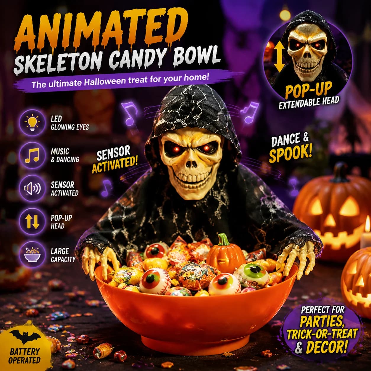 Halloween Skeleton Hand Candy Bowl with Light Up Red Eyes Spooky Sound Effects for Haunted House Party Decoration