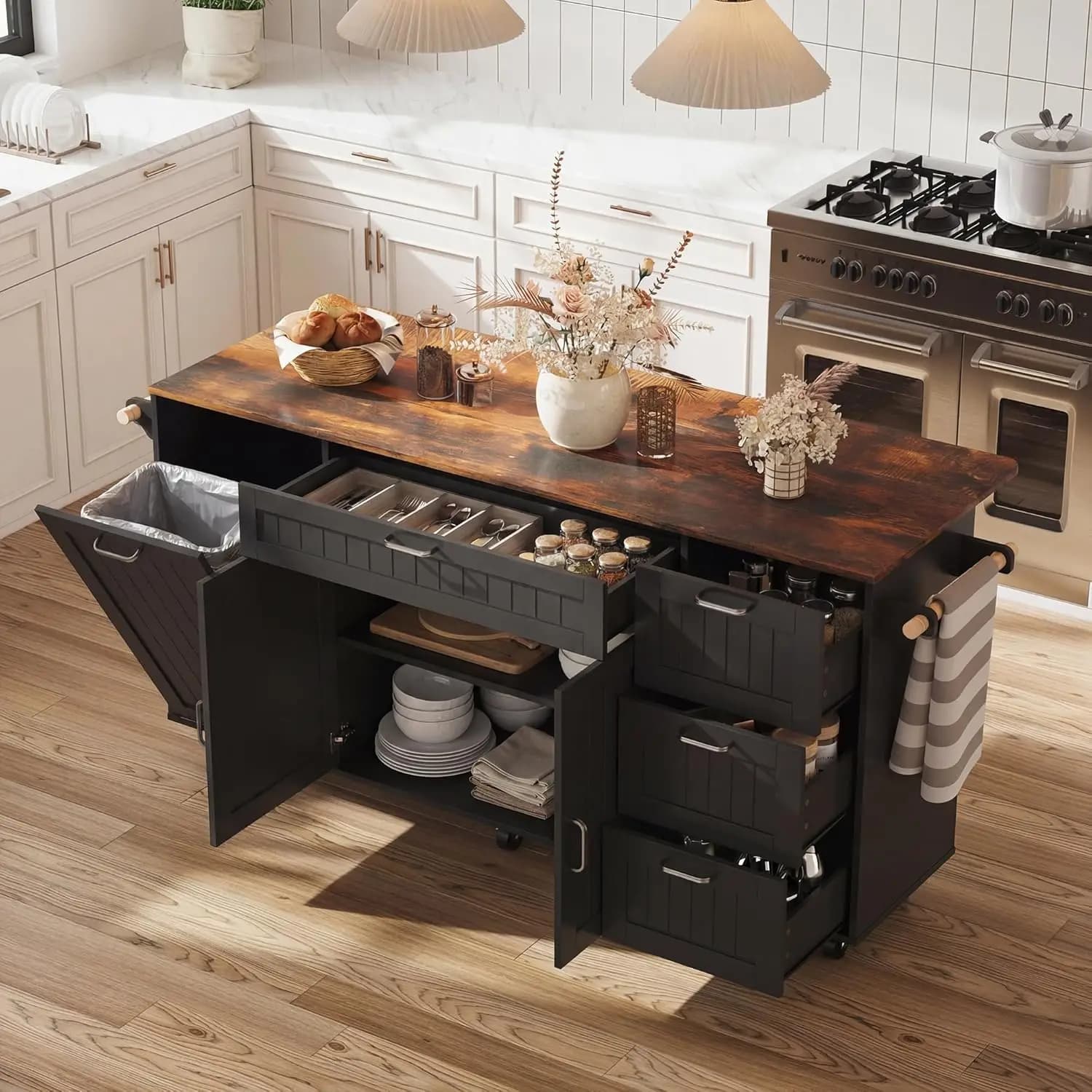 Rolling Kitchen Island with Expandable Countetop, 2-Door Large Kitchen Islands with Drawers, Trash Can Storage，Custom