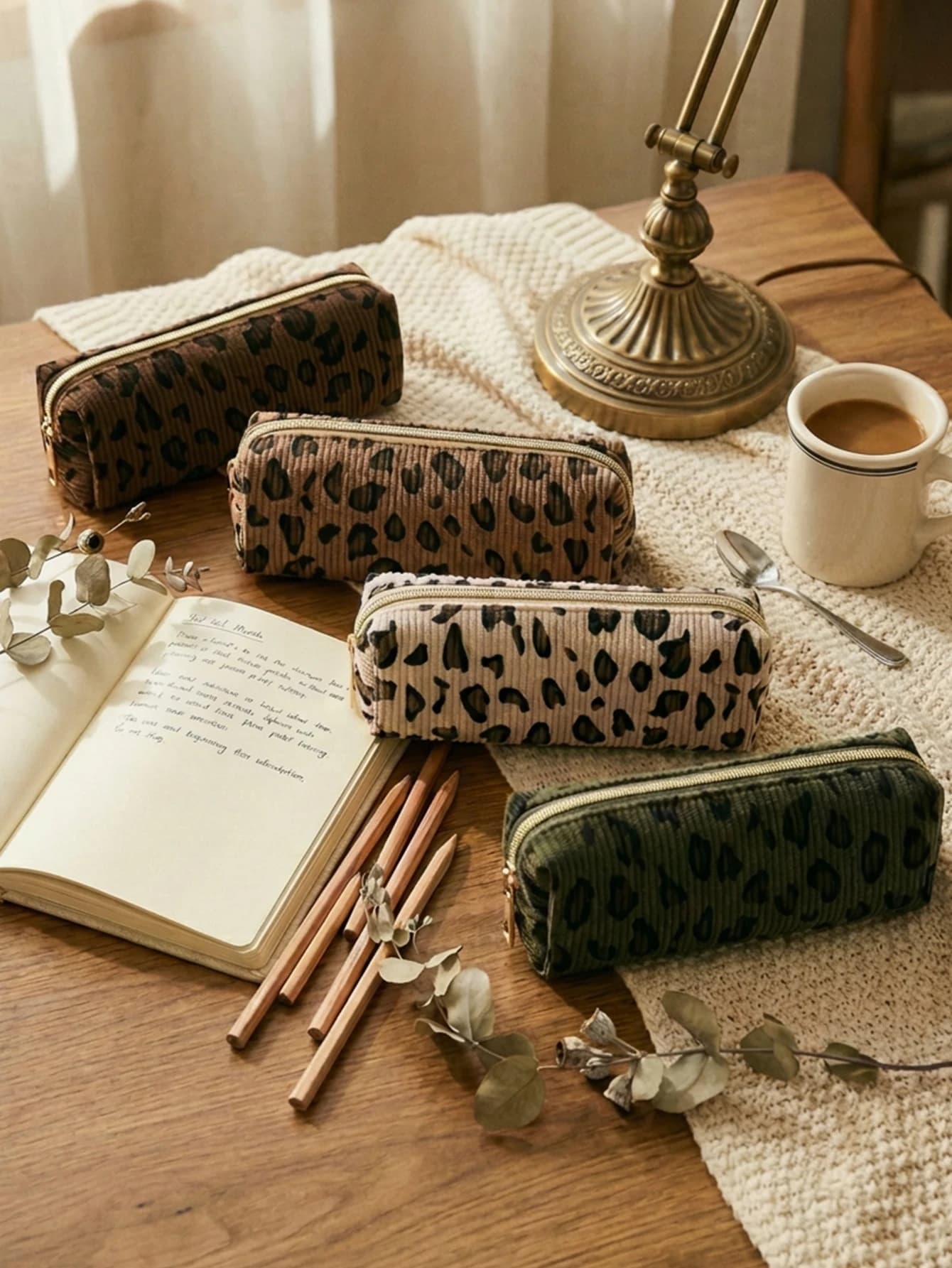 Astuccio in velluto a coste con stampa leopardata, 1 pezzo, borsa per penne con cerniera di grande capacità, organizer per cancelleria scolastica resistente, per il ritorno a scuola