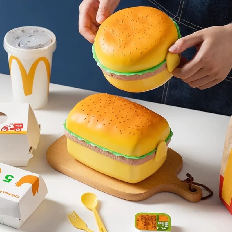 Scatola per il pranzo per hamburger a doppio livello Scatola per hamburger carina Bento per microonde Pasto scolastico per bambini Contenitore per alimenti Forchetta Set di stoviglie Regali