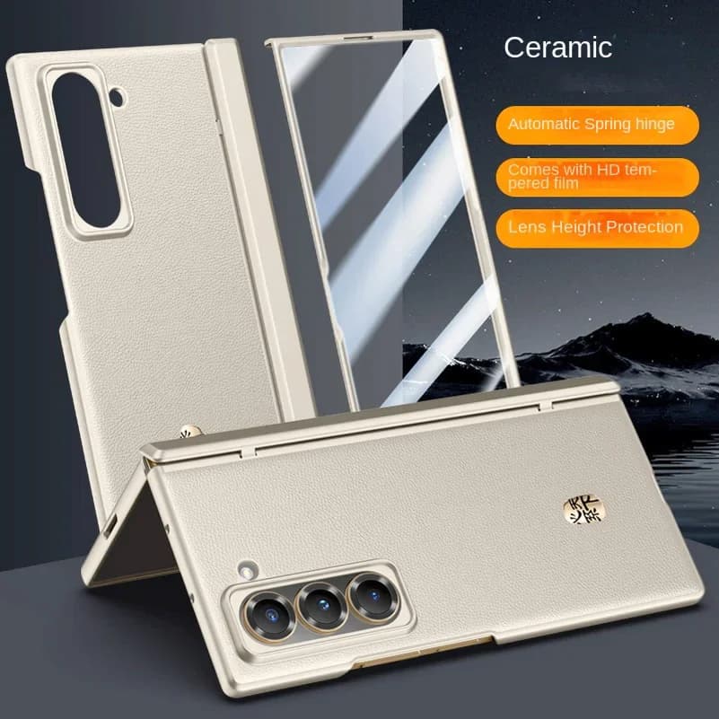 Custodia per telefono in vetro temperato con schermo in pelle da lavoro di lusso per Samsung Galaxy Z Fold 7 Cover protettiva con cerniera a molla