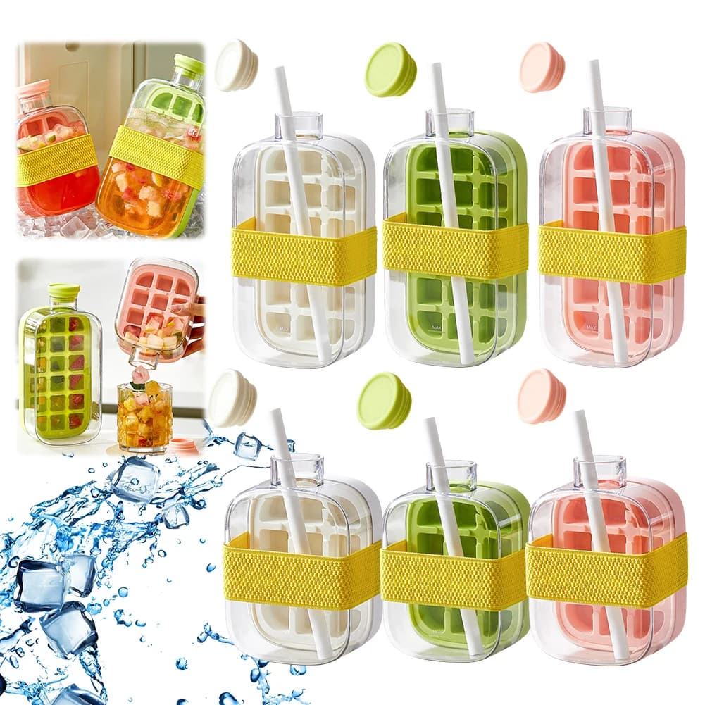 Bottiglia per cubetti di ghiaccio con cannuccia Bottiglia d'acqua 2 in 1 con cinturino Stampo per cubetti di ghiaccio Bottiglia per cubetti di ghiaccio 2 in 1 per viaggi all'aperto