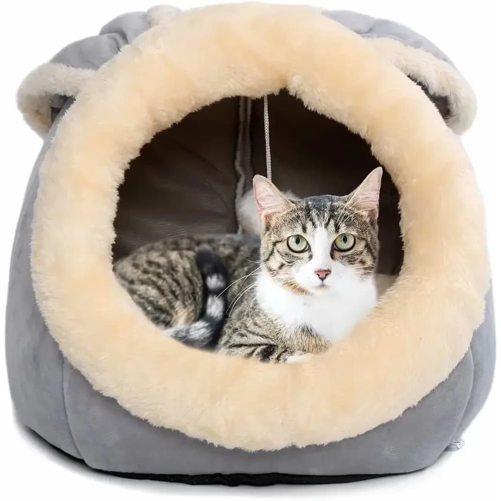 Divano Calmante per Animali Domestici Grigio Medio, Cuccia a Forma di Coniglio con Giocattolo Sospeso, Letto per Cuccioli con Cuscino Rimovibile, Cuccia Antiscivolo per Cani da Interno