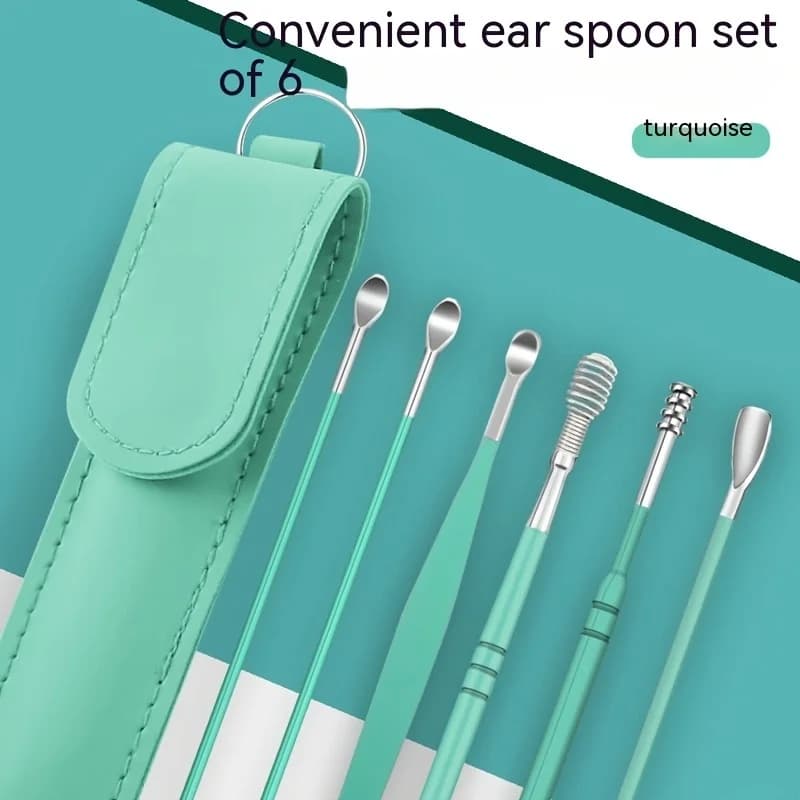 Set of 6 ear cleaning tools, portable, with spring spiral for cerum removal.