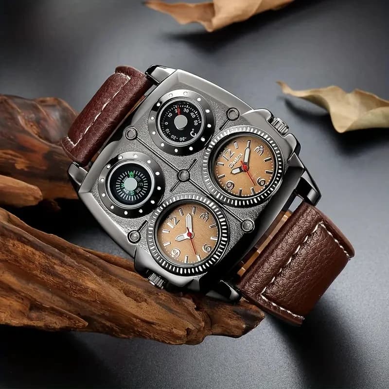 High-End Large Dial Men's Watch, Fashionable and Casual Dual Time Zone Design with Compass and Thermometer, Stylish and Versatile Quartz Watch, Perfect for Gift Giving