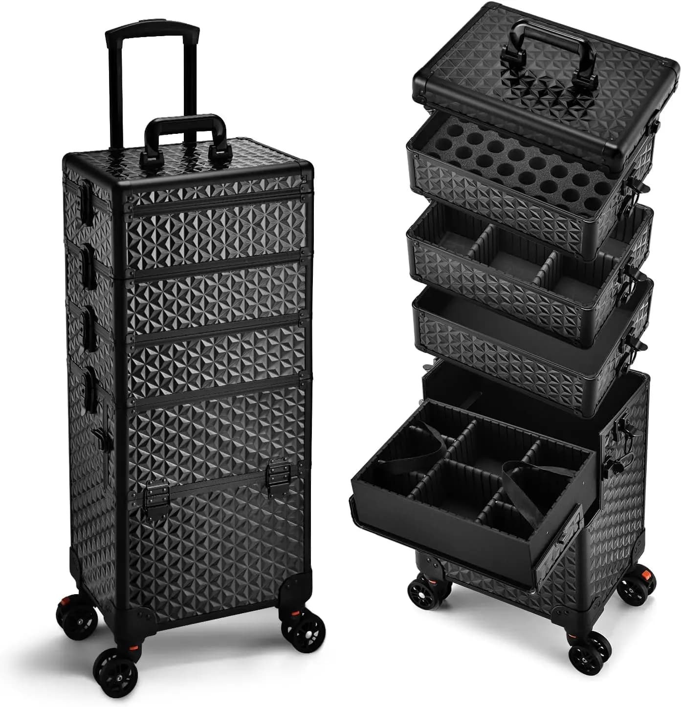 Valigia Trucco 5 in 1 su Ruote, Carrello Organizzatore per Unghie con Rotazione a 360° ° Ruote Girevoli per Stoccaggio da Viaggio