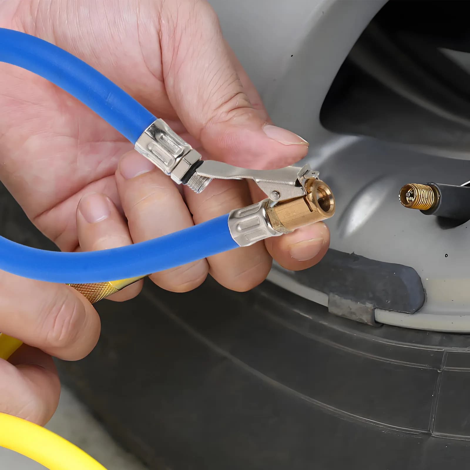 Tubo Flessibile Autobloccante Blu in Gomma con Testa in Rame per Gonfiaggio Rapido, Prolunga per Gonfiatore Pneumatici Auto Moto Bici