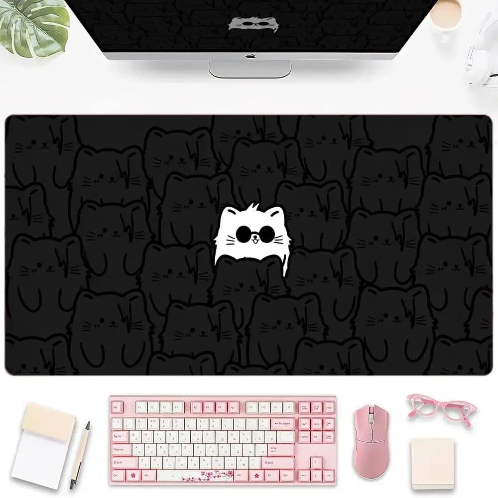 Tappetino per mouse grande bianco con gatto e topo nero, tappetino da gioco grande, tappetino per tastiera con bordo cucito, tappetino da scrivania antiscivolo per computer