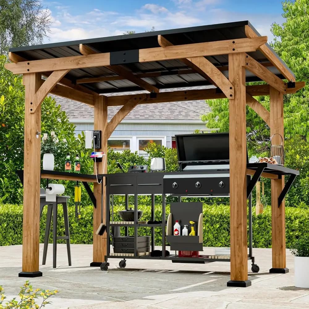 6' x 8' Wooden Gazebo with USB Charging Ports, Outdoor Bar, Galvanized Steel Roof, Shelves, and Paper Towel Holder for Patio or