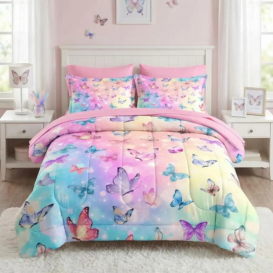 Set Letto Matrimoniale, 5 Pezzi con Farfalle Rosa e Blu per Bambini e Adulti, Set Lenzuola Arcobaleno Colorato Viola con Lenzuolo con Angoli