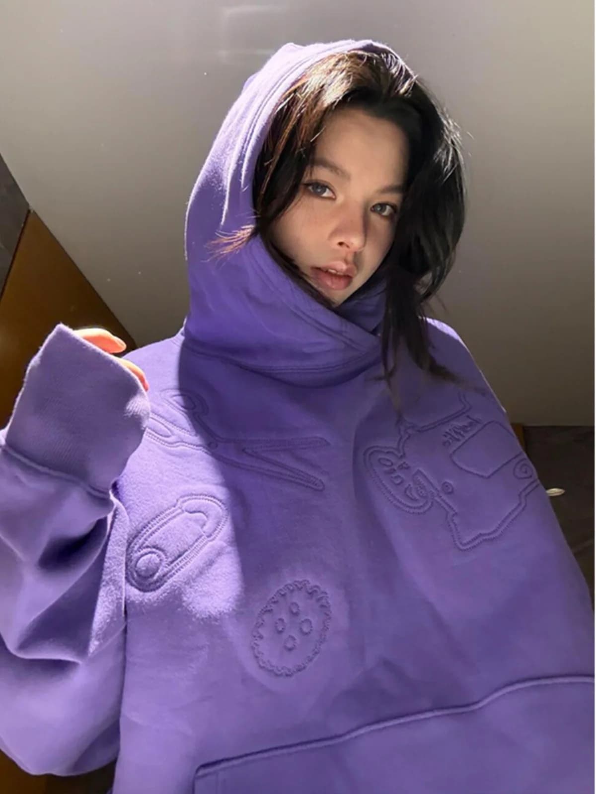 American Style Retro Purple Hoodie Women's Autumn Winter New Oversize Thickened Pure Cotton Jacket with Fleece Inner Sleeve