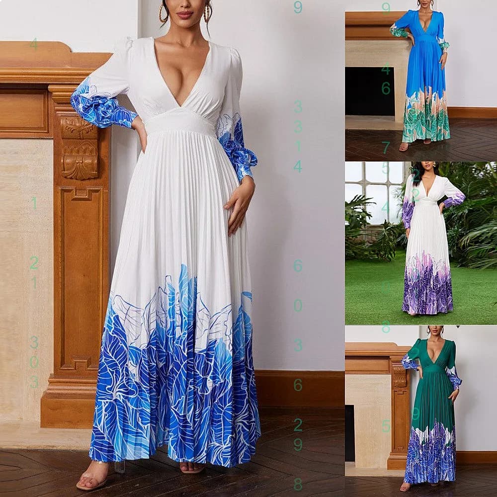 Abito lungo con scollo a V e stampa floreale, vestito estivo da donna, stile boho maxi.