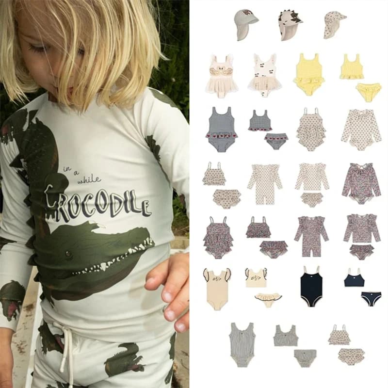 2026 summer floral swimsuits for girls, whole set, children's swimwear, baby bikini, shorts and hat, 1-9 years old