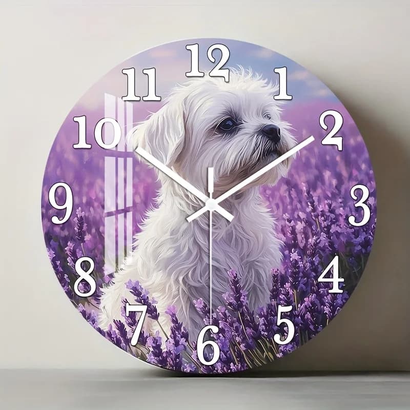 Orologio da parete in legno silenzioso, senza ticchettio, 1 pezzo - Grande design rotondo bianco con cane e campo di lavanda, con il volto di un cucciolo di West Highland Terrier