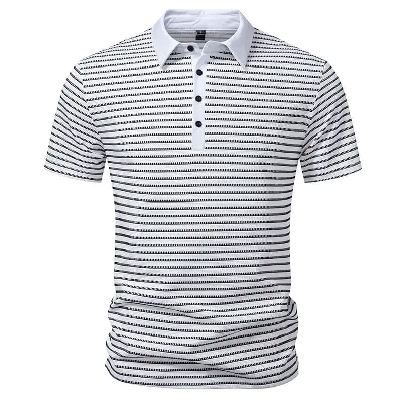 T-shirt a maniche corte da uomo alla moda con patchwork a righe e colletto a risvolto, casual elegante, estiva, traspirante, per golf
