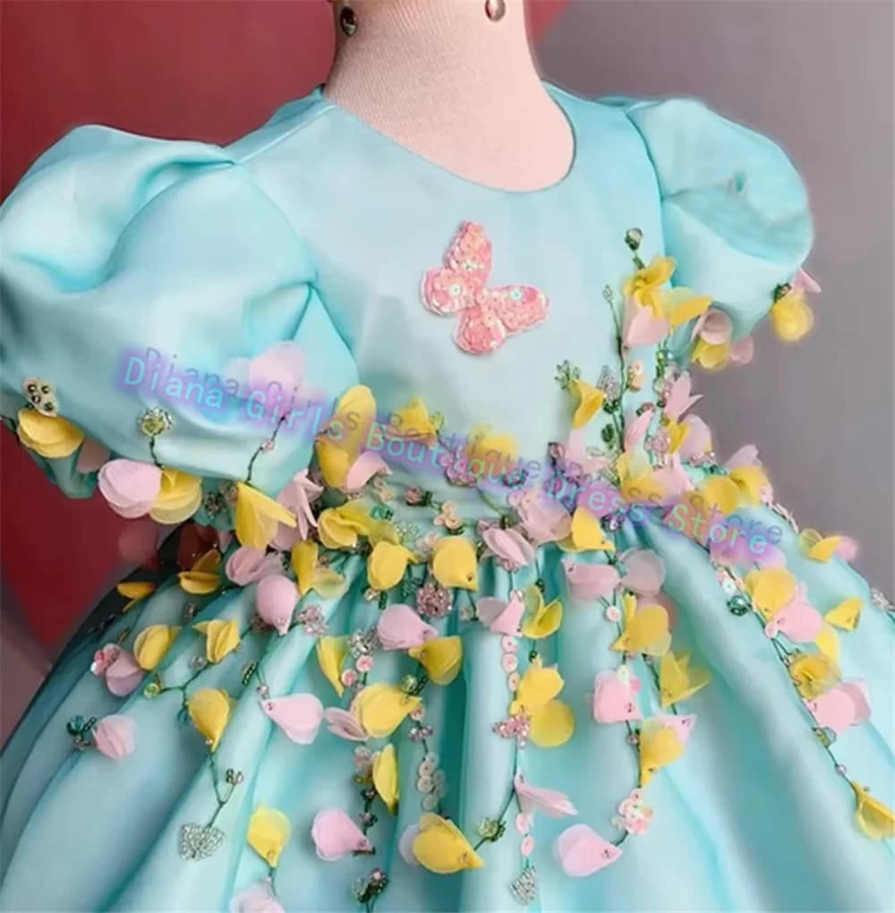 Belle ragazze di fiori vestono blu cielo soffici per matrimoni Abiti da ballo Perline Fiori 3D Appliques Abiti da sera per feste di compleanno per bambini