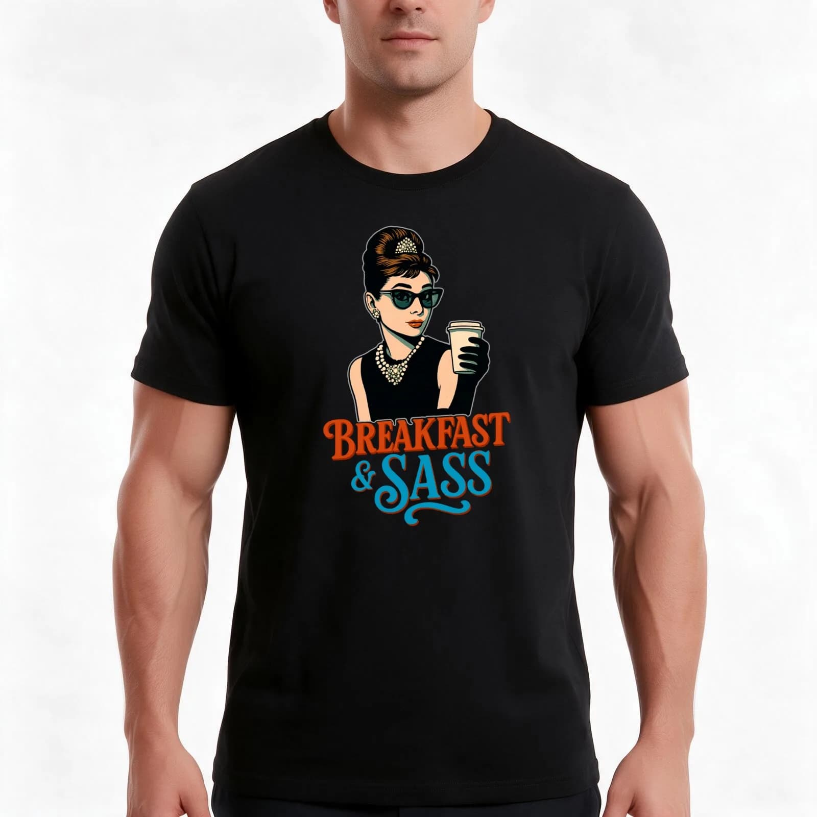 Audrey Hepburn – Breakfast & Sass Retro Pop Culture Design T-Shirt, Summer Casual Cotton Tee, Oversized Streetwear Tops