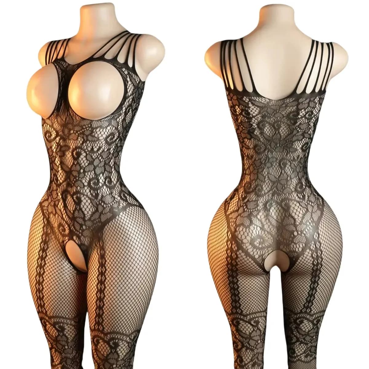 Lingerie Sexy Traforata in Rete con Apertura all'Inguine, Calze a Rete, Pizzo Nero, Dettagli a Vista, Pura Seduzione