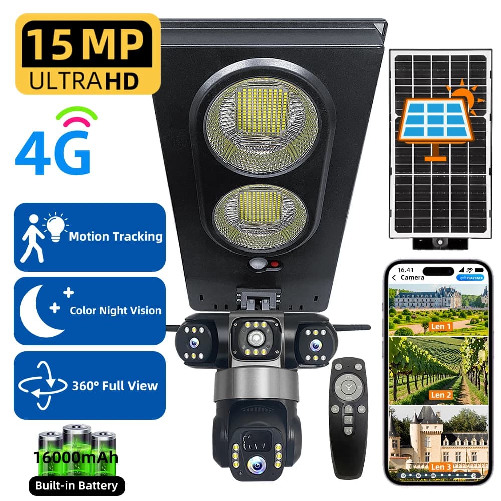 Lampione Solare con Telecamera CCTV 4G, Tripla Lente HD 15MP V380, Impermeabile per Esterni, Visione Notturna, Interfono Bidirezionale, Protezione di Sicurezza