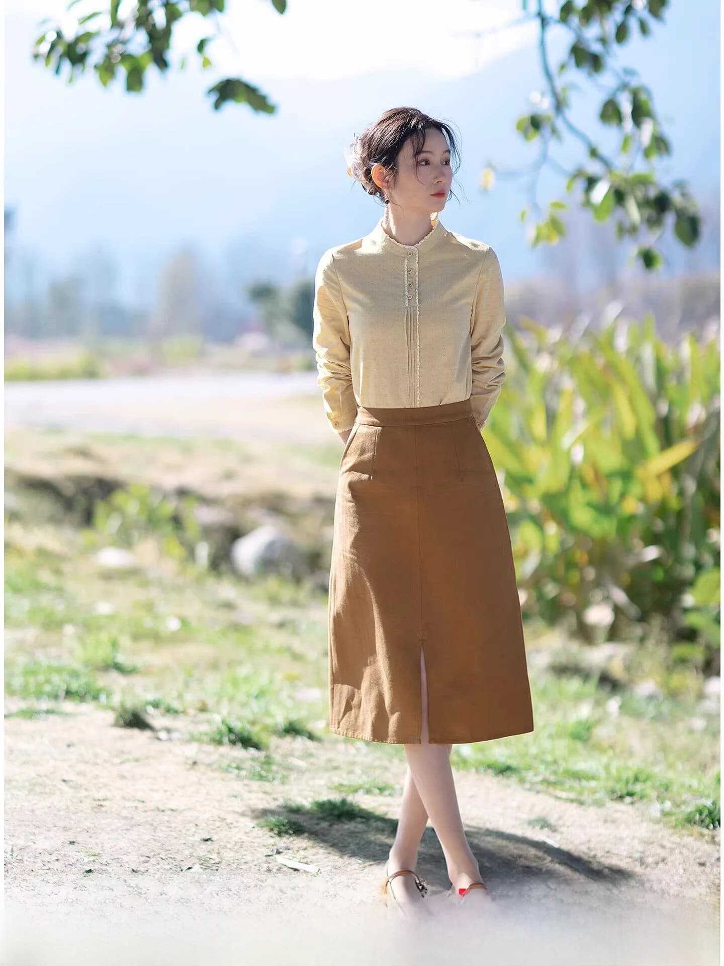 Ele Mid-Length Coffee-Colored f Skirt Women's Sli Design Slimming Spring 2026 New Arrival Commute Casual Cotton A-...