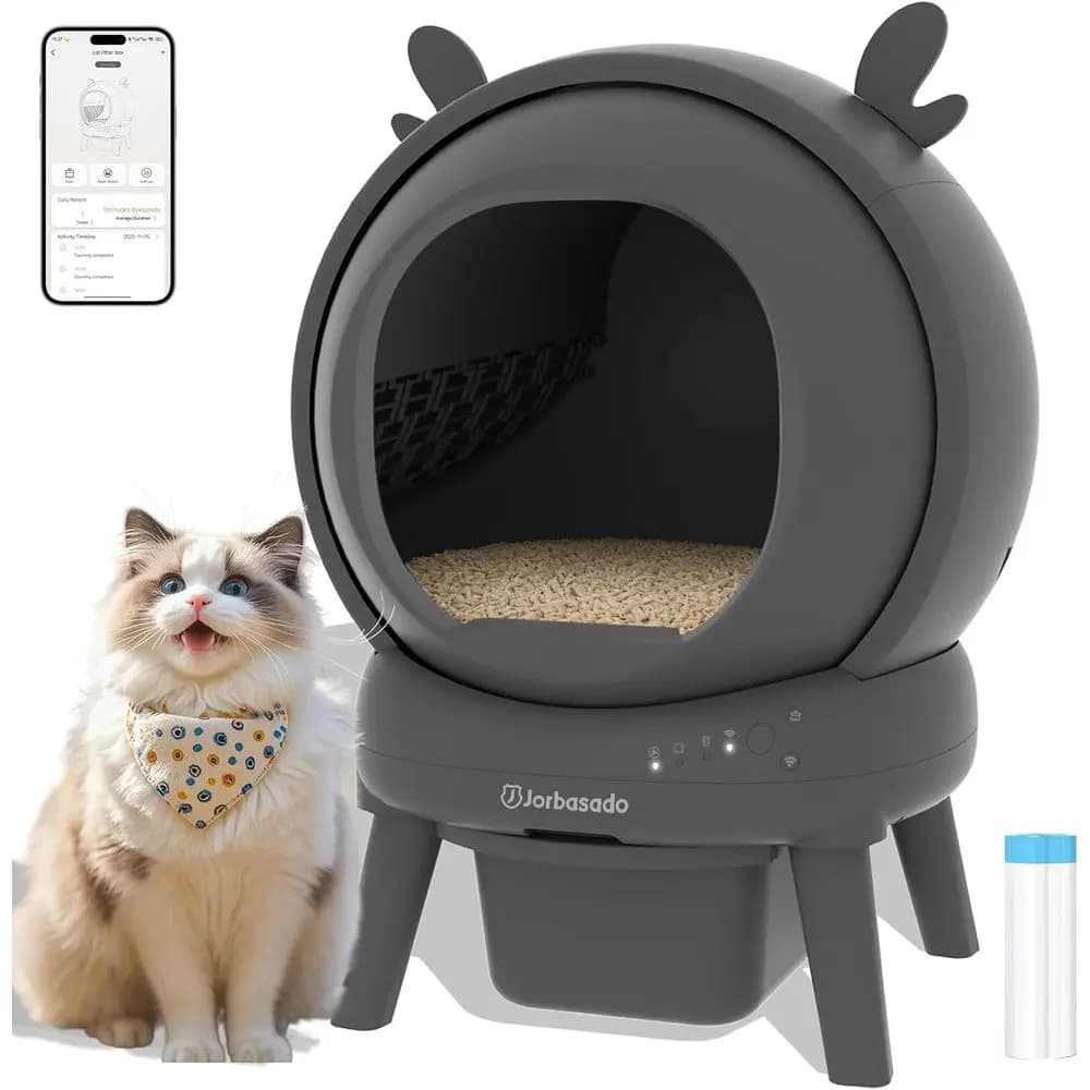Large 65L Automatic Cat Litter Box with Dual Safety, APP Control, Odor Control, and Deer Antler Decor