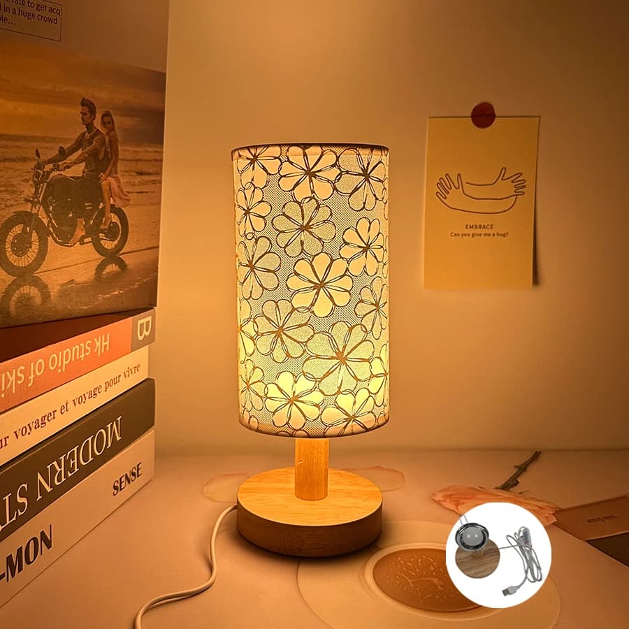 Lampada da tavolo da tavolo in tessuto girasole dorato, alimentata tramite USB - monocromatica a tre colori dimmerabile/luce calda, adatta per varie occasioni