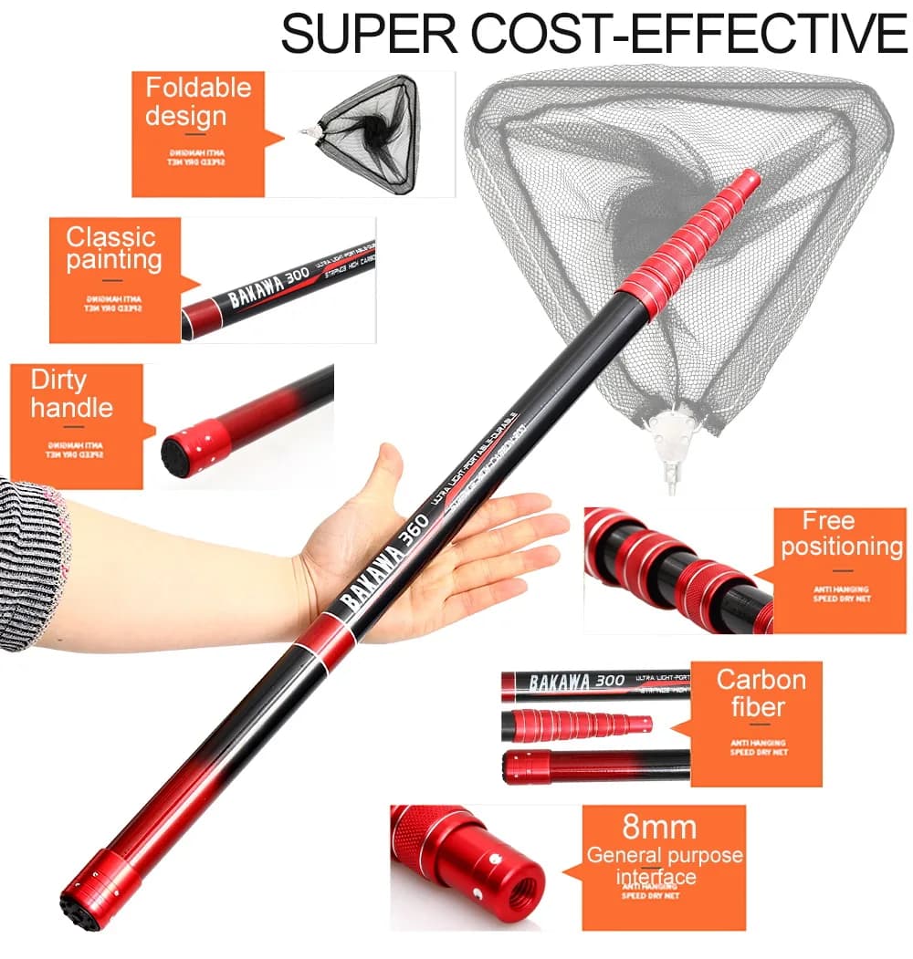 BAKAWA Rete da Pesca Telescopica in Carbonio da 8mm con Manico in Nylon, 4m 3m 3.6m, Portatile, per Pesca in Mare e da Barca